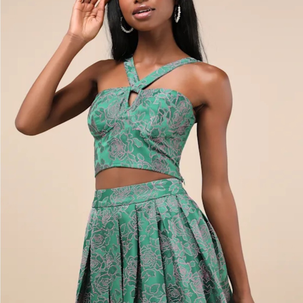 NEW Lulus Pink Green Floral Bustier Crop Blouse Top‎ Size M